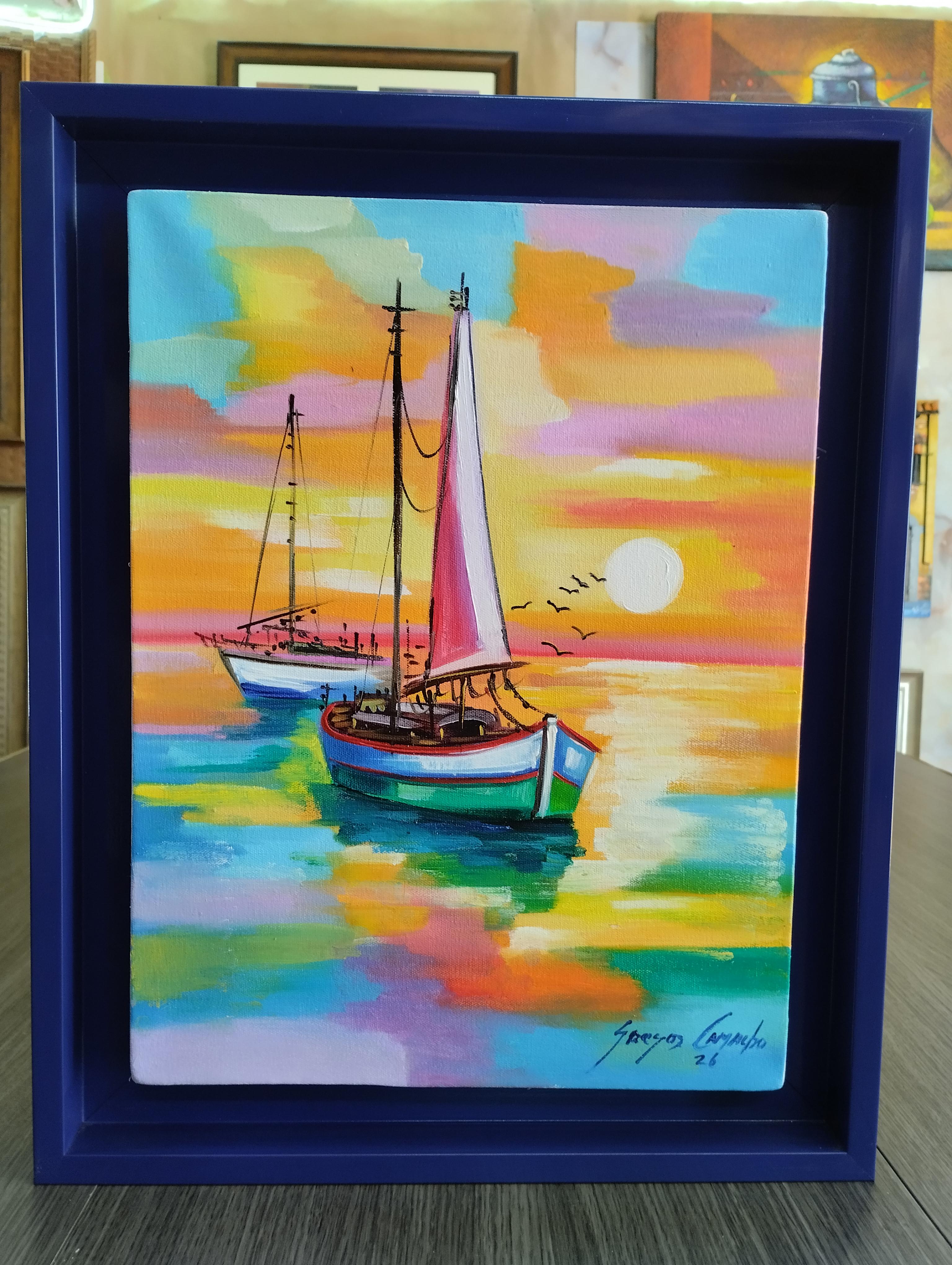 Barcos. Barcos sobre el mar al atardecer con colores vibrantes reflejados en el agua, creando una escena tranquila, luminosa y armoniosa.