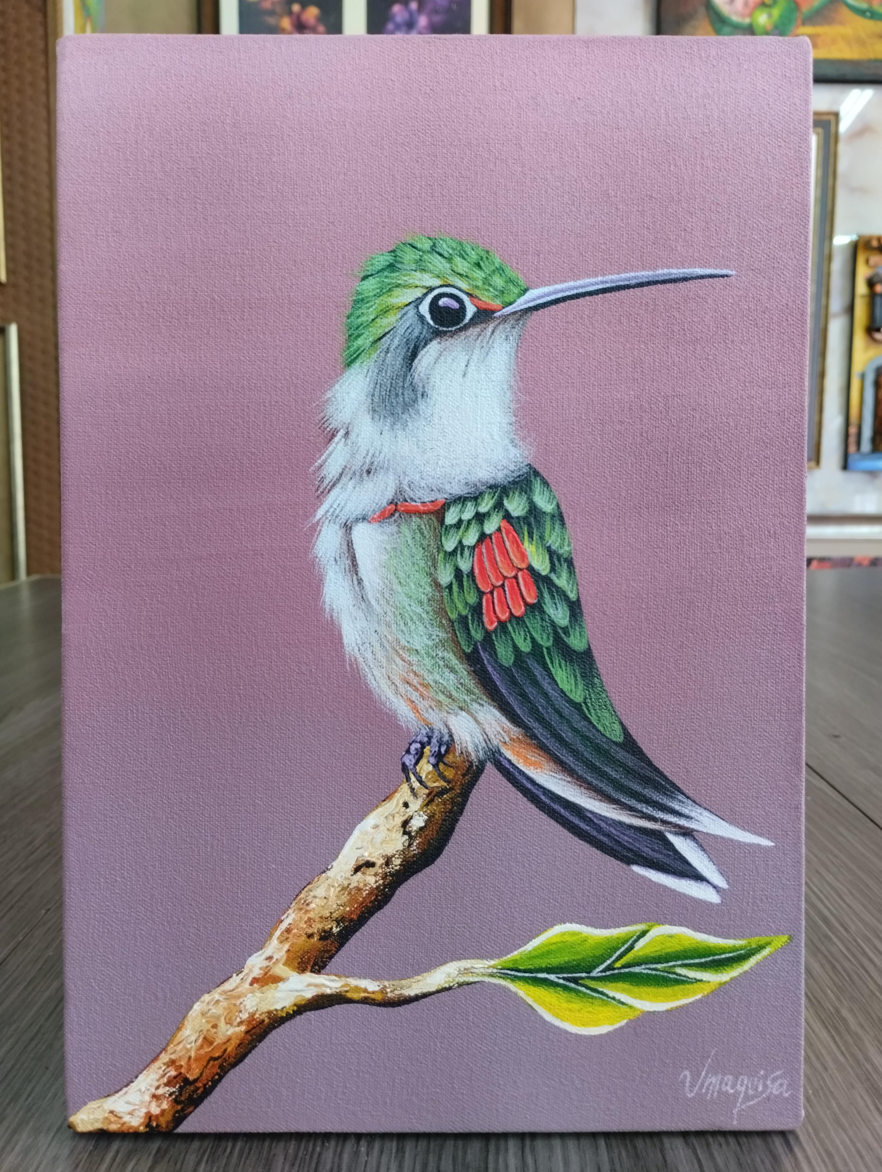 Colibri Susurro Esmeralda. Colibri de tonos verdes y pecho rojizo posado en una rama sobre fondo rosado suave, con brillo delicado que resalta su figura elegante.