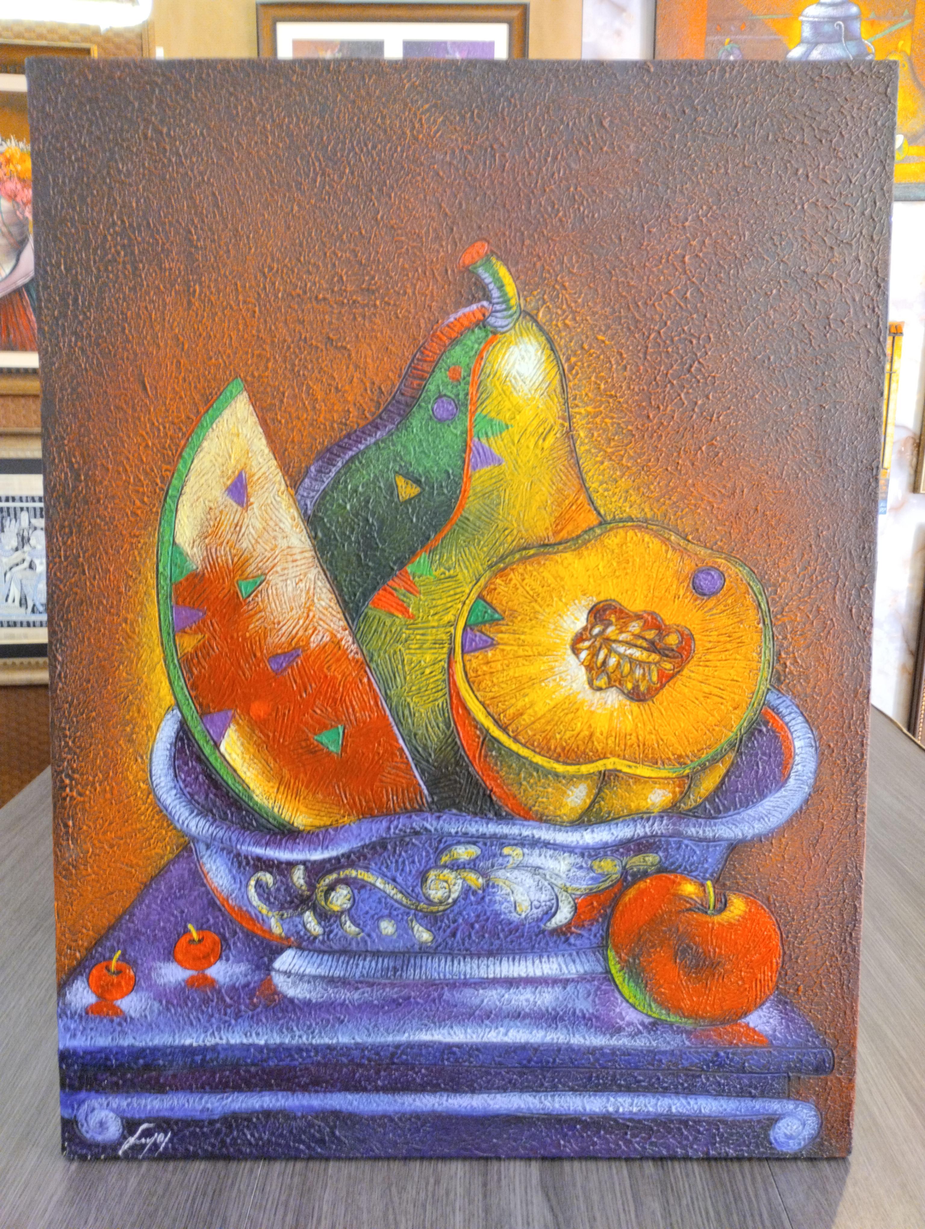 Bodegon Geometrico Luminico. Bodegon con sandia, pera y una vasija metalica, en colores intensos y texturas marcadas que crean una composicion moderna y vibrante vertical.