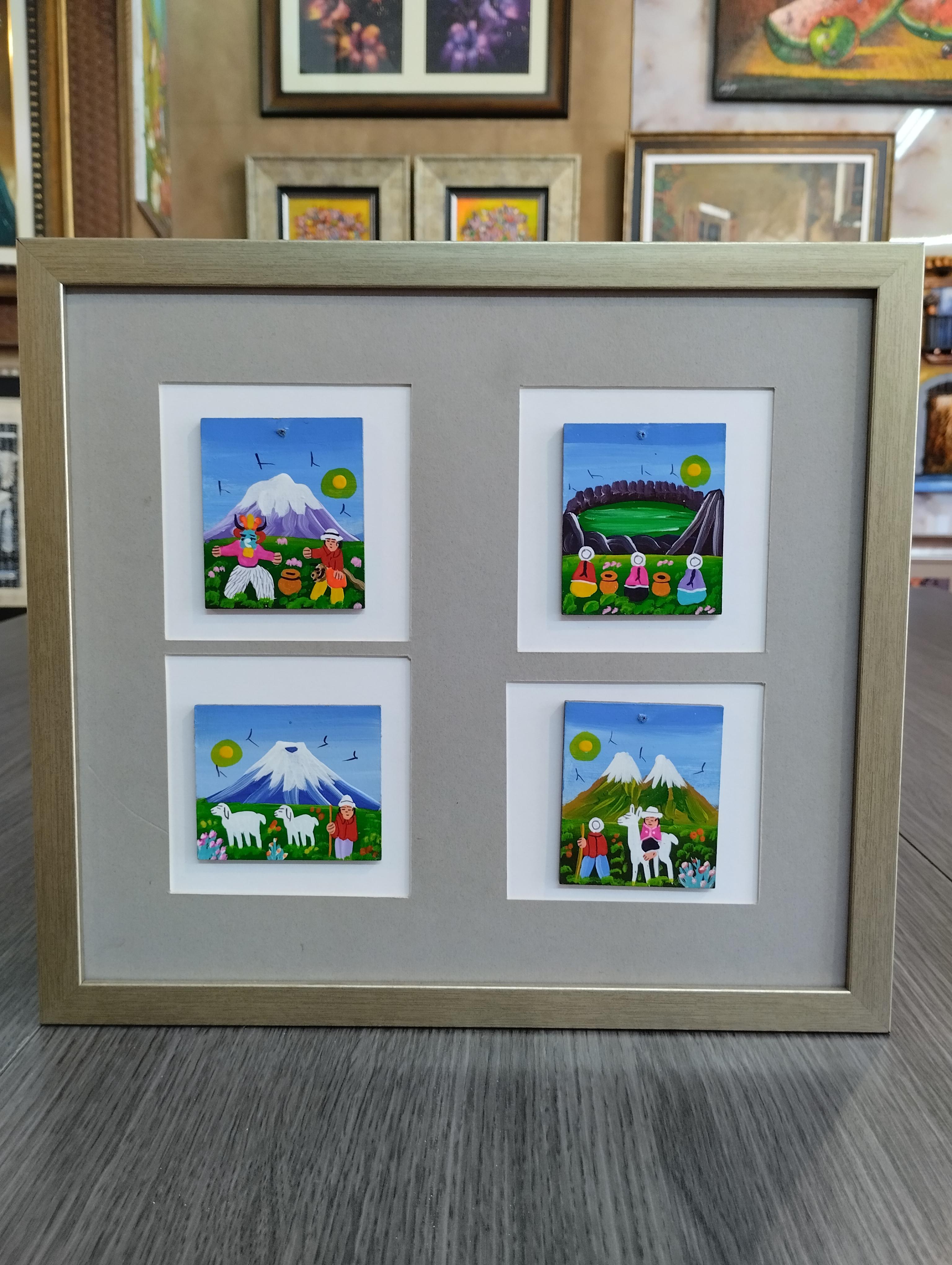 Vida Andina en Miniatura. Cuatro escenas andinas con montanas, personajes y animales, colores vivos y formas simples que muestran vida rural en composiciones pequenas y alegres.