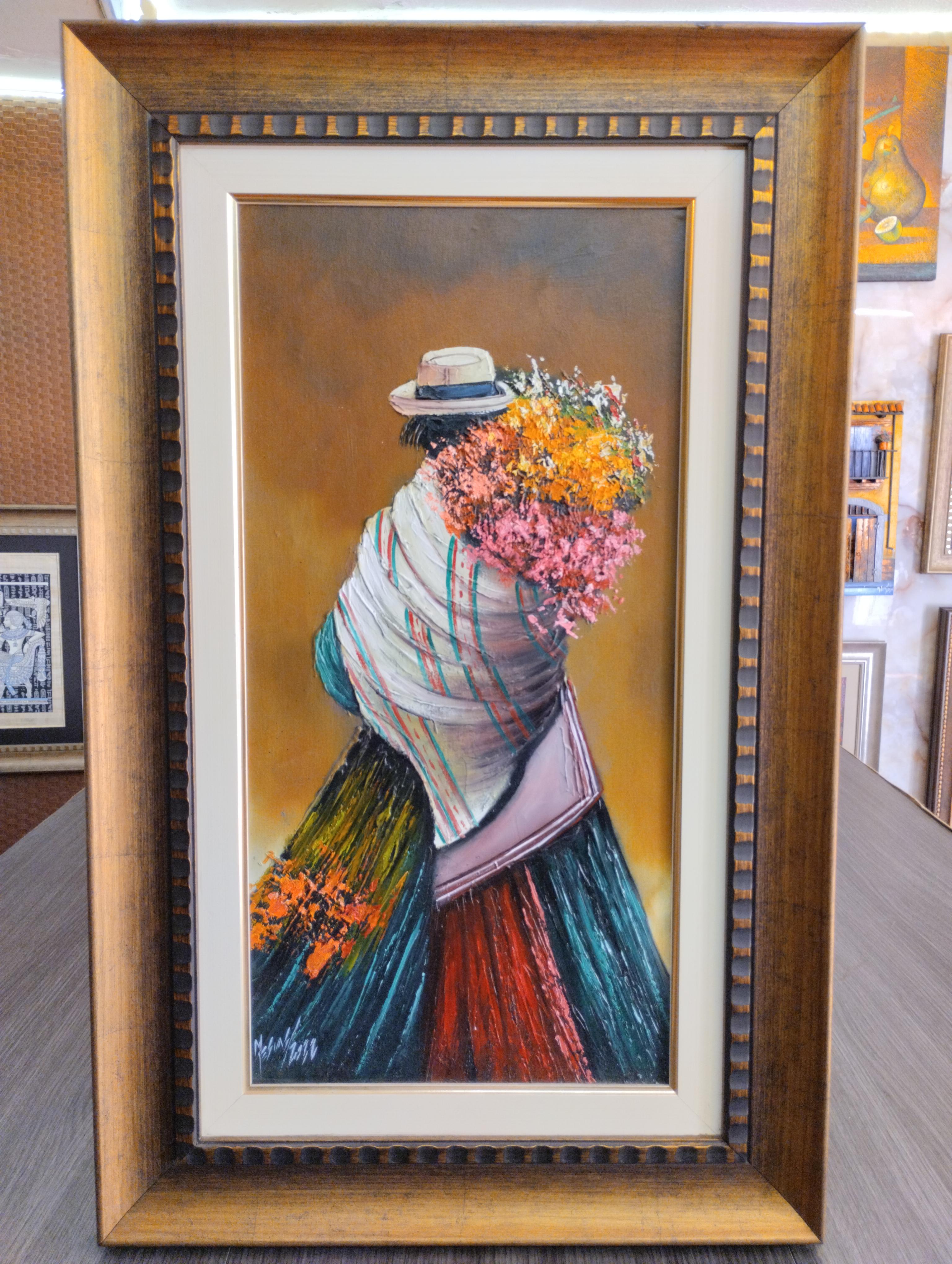 Indigena con flores. Mujer andina de espaldas con flores envueltas en manta roja, colores vivos destacan sobre fondo calido que ilumina la escena con serenidad.