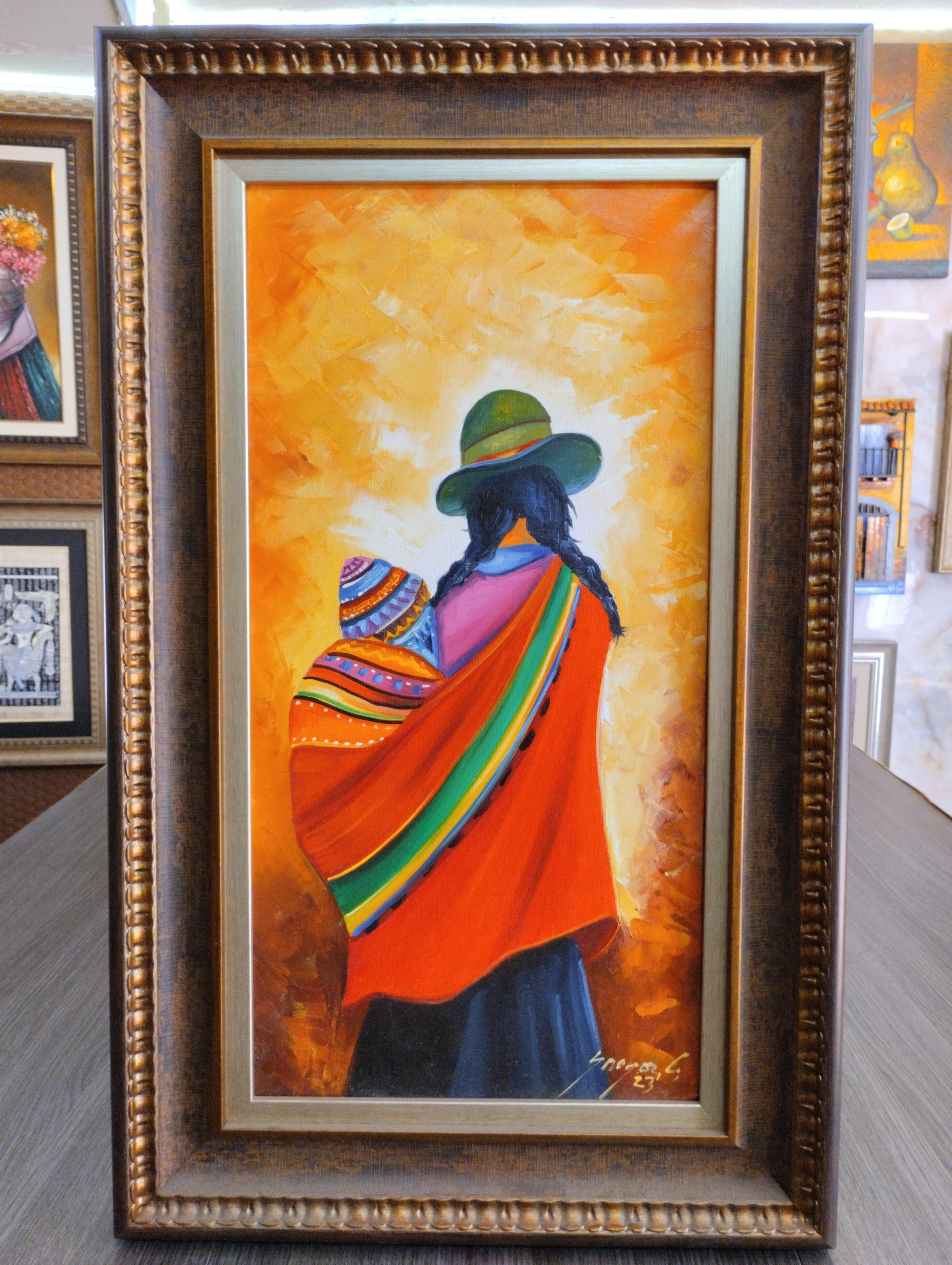 Indigena con bebe. Mujer andina de espaldas con nino, envueltos en manta roja y colores vivos, resaltan sobre un fondo calido que ilumina la escena con sensacion de calma.